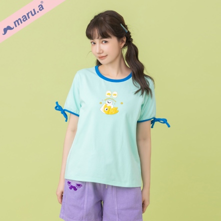 【maru.a】鯉魚坐騎🎏可愛撞色印花袖綁結造型滾邊上衣(3色)-淺綠 25311224