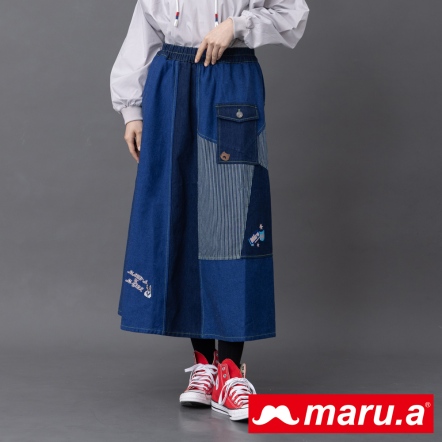 【maru.a】日雜感文藝少女🎵拼接造型口袋丹寧長裙(2色)-深藍 23926212