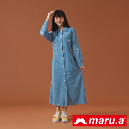 【maru.a】窈窕淑女🌹造型綁帶刺繡單寧排釦襯衫長洋(2色)-淺藍 22917117