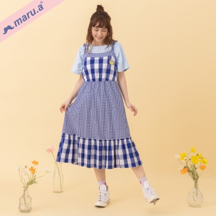 【maru.a】小玫瑰mitu🌹田園風格紋拼接荷葉邊吊帶洋裝(2色)-深藍 24327112