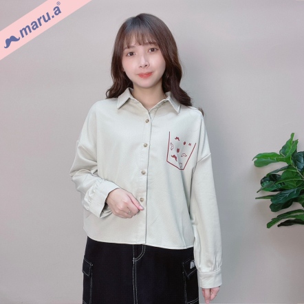 【maru.a】韓系小姐姐簡約手繪印花蓬袖排釦短版襯衫🎀(3色)-卡其 24343111