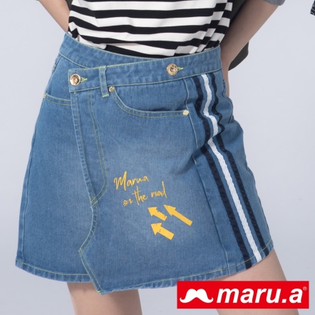 【maru.a】maru.a個性印花側邊條紋裝飾牛仔短裙(2色)9916111