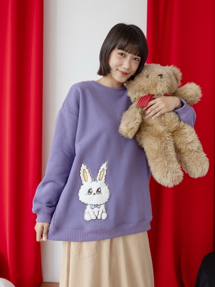 工藝電繡拼接風可愛咪兔上衣