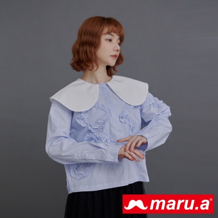 【maru.a】氣質英倫風🧤精緻感大翻領立體荷葉造型襯衫(2色)-淺藍 23913112