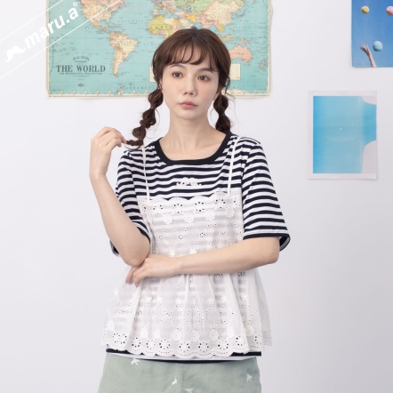 【maru.a】浪漫蕾絲小花條紋拼接假兩件吊帶上衣🌹(2色)-黑白 24911234
