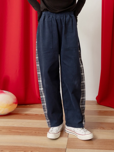 貓耳布異材質拼接格紋長褲