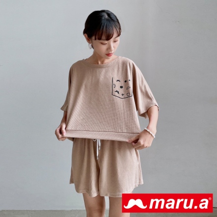 【maru.a】莫蘭迪色俏皮印花華夫格兩件式休閒套裝🌼(3色)-咖啡 23947115