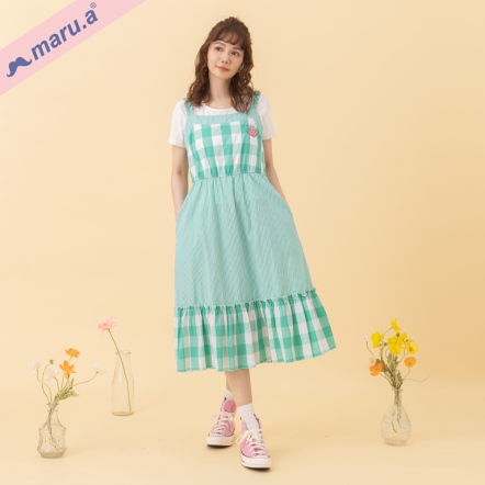 【maru.a】小玫瑰mitu🌹田園風格紋拼接荷葉邊吊帶洋裝(2色)-淺綠 24327112