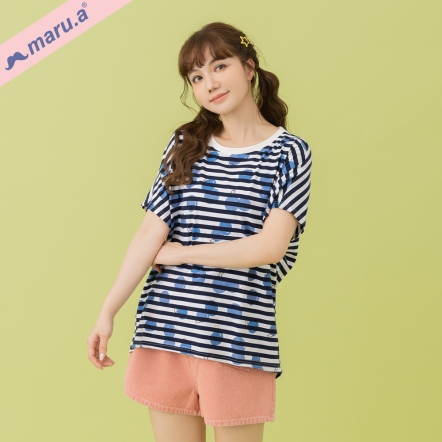 【maru.a】鬍子泡泡💦滿版手繪印花條紋連袖寬鬆上衣(2色)-深藍 25311232