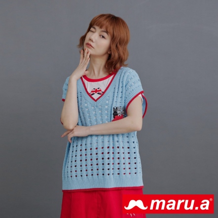 【maru.a】三隻咪兔🐰刺繡撞色滾邊洞洞針織V領背心(2色)-淺藍 23914216