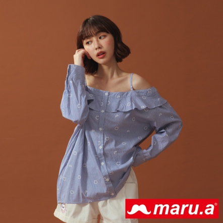 【maru.a】miru泡泡💭浪漫藍紫色荷葉條紋細肩上衣(2色)-深藍 22913115