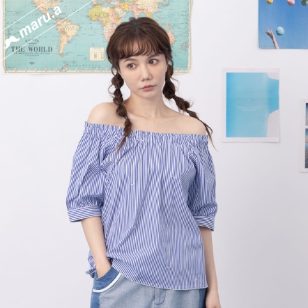 【maru.a】海之女神🌊波浪滾邊蓬袖條紋一字領上衣(2色)-深藍 24923115