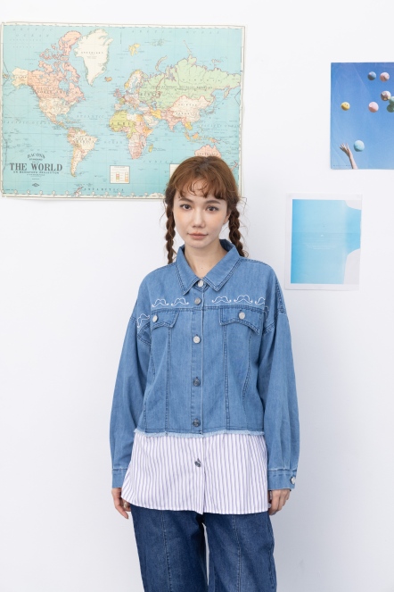 拼接丹寧貓趣刺繡襯衫