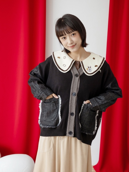 丹寧異材質拼接針織小外套