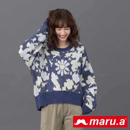 【maru.a】復古小花兒🌸撞色馬海毛前短後長造型羊毛衫(2色)-深藍 23914220