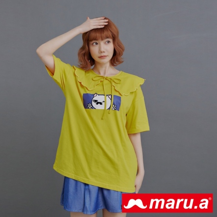 【maru.a】miru自拍😽撞色方塊波浪綁結領片兩件式上衣(2色)-深黃 23911311