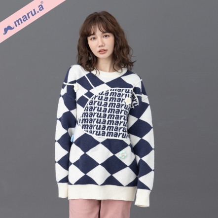 【maru.a】特殊設計款💫滿版字母撞色菱格紋厚磅小花毛衣(3色)-深藍 23914214