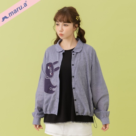 【maru.a】miru伸懶腰 (◉ω◉)可愛貼布繡花細格紋排釦襯衫(2色)-深藍 25323114