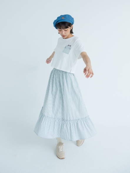 條紋立體口袋荷葉長洋裝