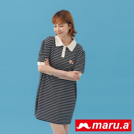 【maru.a】櫻桃小姐🍒公主蓬蓬袖POLO領條紋短洋(2色)-黑色 23347119