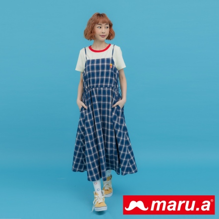 【maru.a】只薯於你🍟甜美格紋縮腰綁結吊帶長洋(3色)-深藍 23317115