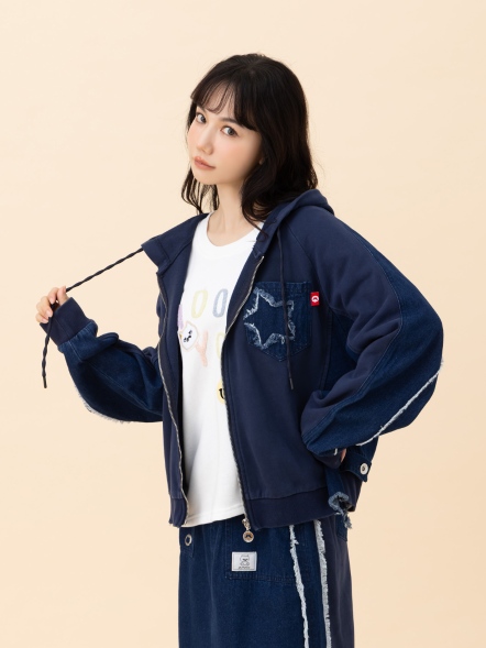 星潮拼接・抓鬚連帽牛仔外套