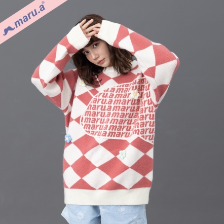【maru.a】特殊設計款💫滿版字母撞色菱格紋厚磅小花毛衣(3色)-桃紅 23914214