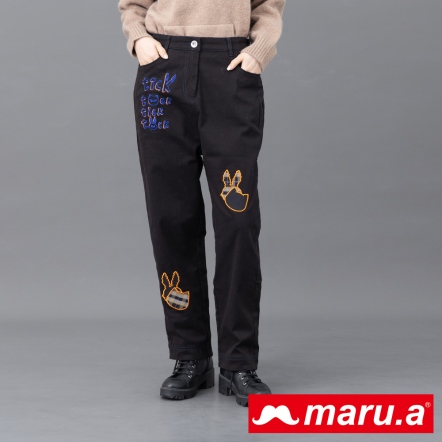 【maru.a】時間小精靈⏰精緻撞色手繪刺繡修身直筒長褲(2色)-黑色 23925223