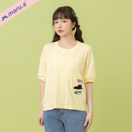 【maru.a】🎏拷克撞色車邊手繪刺繡鯉魚旗蓬袖上衣(2色)-淺黃 25311220