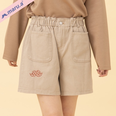 【maru.a】抹茶奶昔🍵簡約鬍子刺繡口袋造型高腰短褲(3色)-卡其 24345111