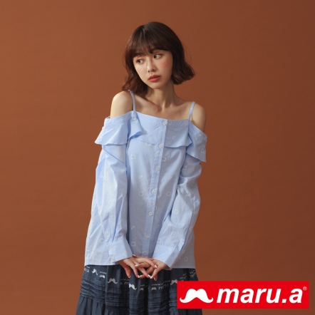 【maru.a】miru泡泡💭浪漫藍紫色荷葉條紋細肩上衣(2色)-淺藍 22913115