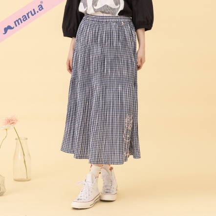 【maru.a】mitu愛心氣球🎈手繪刺繡細百摺格紋長裙(2色)-深藍 24326213