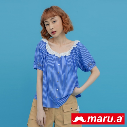 【maru.a】優雅海洋公主👸荷葉邊蓬蓬袖條紋造型襯衫(2色)-淺藍 23313117