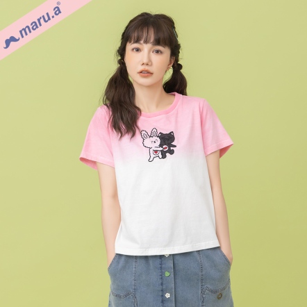 【maru.a】😆跟我玩嘛～有趣手繪貼布刺繡漸層刷色造型T恤(2色)-淺粉 25311225