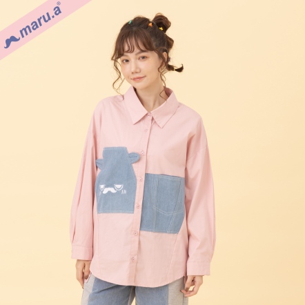 【maru.a】嬌羞miru💕造型丹寧口袋拼接襯衫(2色)-淺粉 24313211