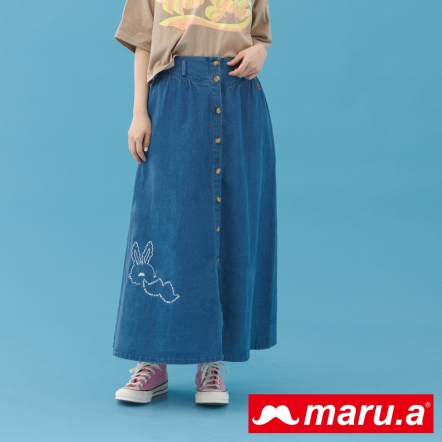 【maru.a】雲朵鬍子mitu🐰蠟筆風手繪刺繡排釦單寧長裙(2色)-深藍 23346212