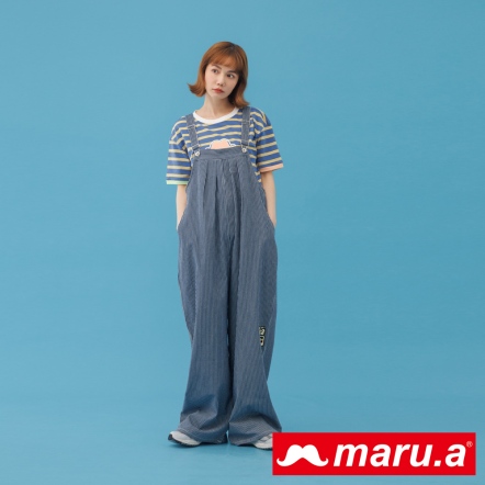 【maru.a】率性大姊姊清爽藍色系條紋吊帶長褲(2色)-深藍 23315223