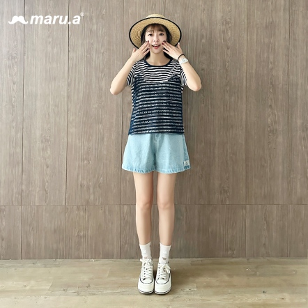 【maru.a】街頭酷甜⚽特殊撞色鬍子刺繡丹寧短褲(2色)-淺藍25325114