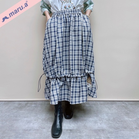 【maru.a】♡日雜款♡融化的mitu格紋造型抽繩荷葉長裙(2色)-深藍 24326217
