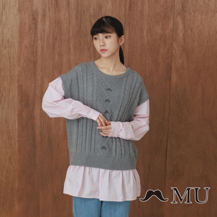 【MU】日系優雅🩰麻花針織拼接襯衫長版上衣(2色)-灰色 22923262