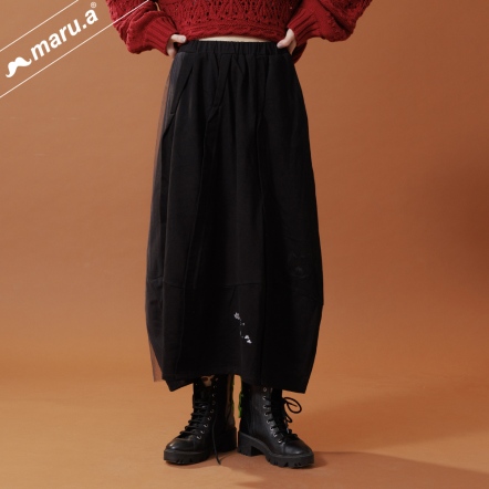 【maru.a】特殊打摺拼接半邊網紗設計感圓長裙🩰(2色)-黑色 22936213