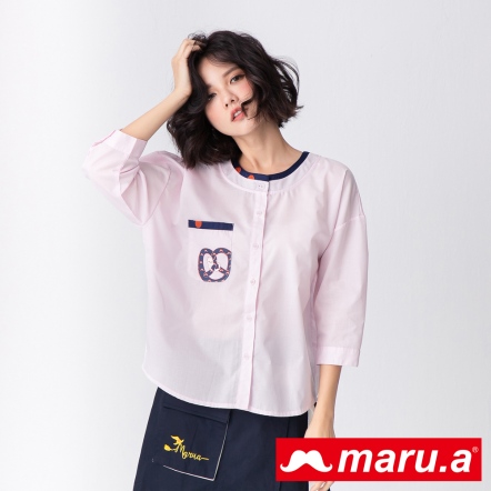【maru.a】Miru印花口袋撞色拼接七分袖上衣(2色)20913111
