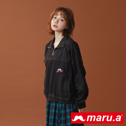 【maru.a】歐膩復古休閒單寧刺繡立領造型上衣🧢(2色)-黑色 22913120