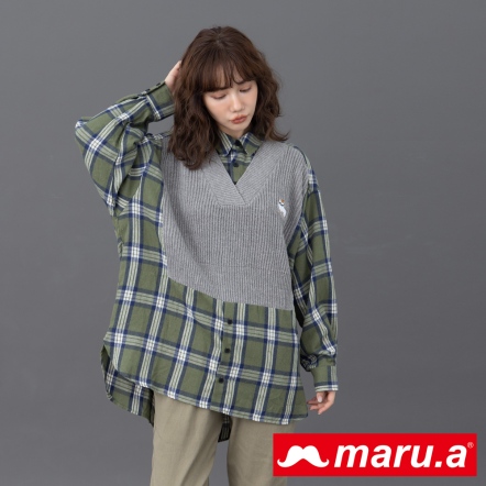 【maru.a】小羊駝miru🦙復古格紋拼接假兩件長版襯衫(2色)-深綠 23913212