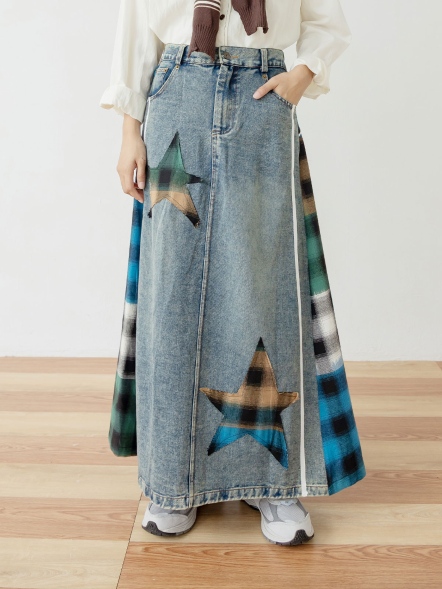 拼接丹寧格紋裙