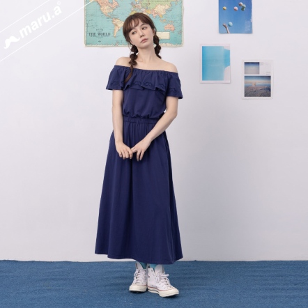 【maru.a】海洋度假風荷葉邊鏤空刺繡一字領洋裝💙(2色)-深藍 24917113