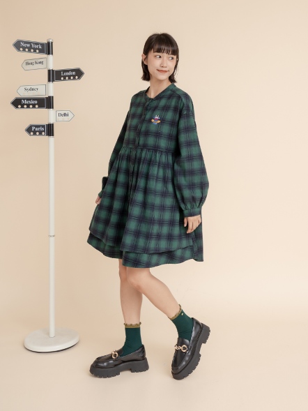 日系圓領格紋口袋洋裝