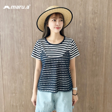 【maru.a】甜美緹花造型拼接上衣 (2色)-丈青25311231