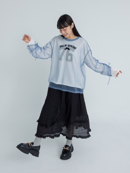 輕透網紗拼接抽繩上衣