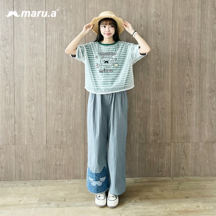 【maru.a】大頭miru😻丹寧拼接抽繩直筒長褲(2色)-丈青25325215